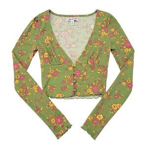 Urban Outfitters Babydoll Crop Top Size XS Green Floral Hippie Boho Button Front